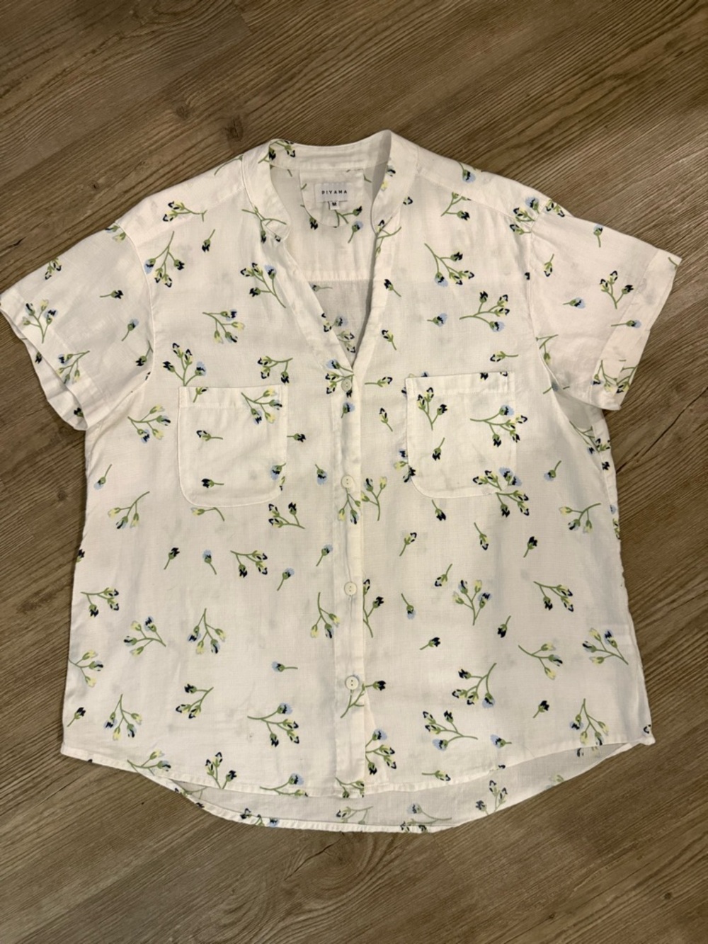 Piyama Floral Button Up Blouse Medium White Lyocell Cotton Lightweight Top